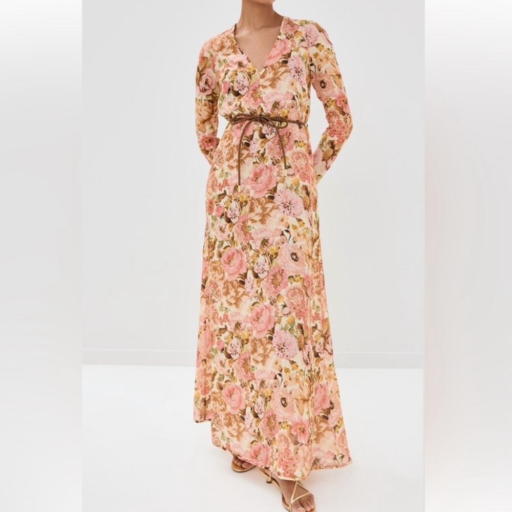 Zimmermann Golden Plunge Linen Floral Maxi Dress NWT